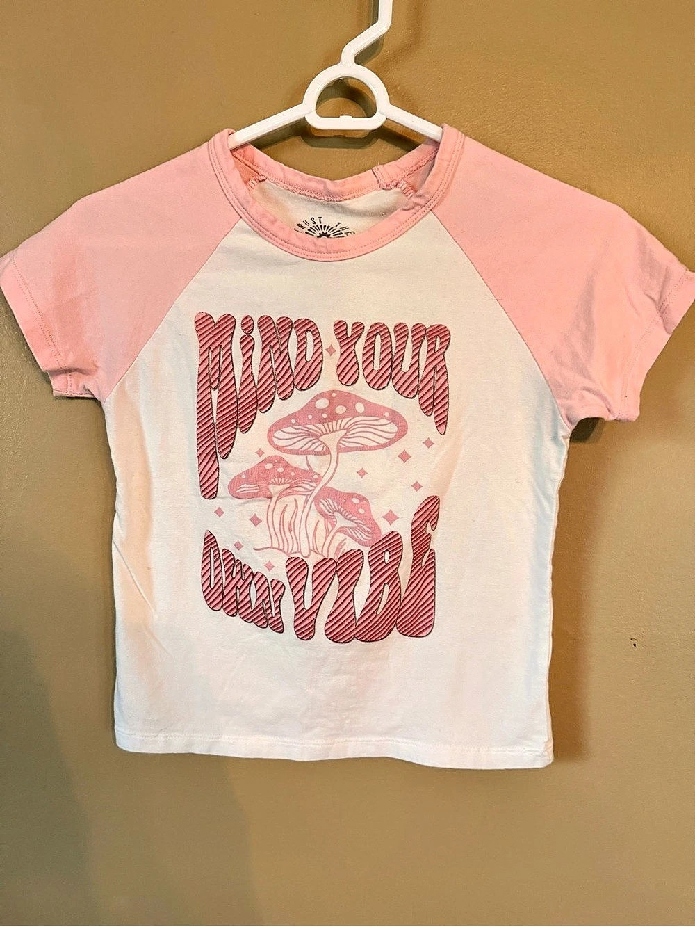 Trust The Universe Pink Mushroom Graphic Baby Tee Size M